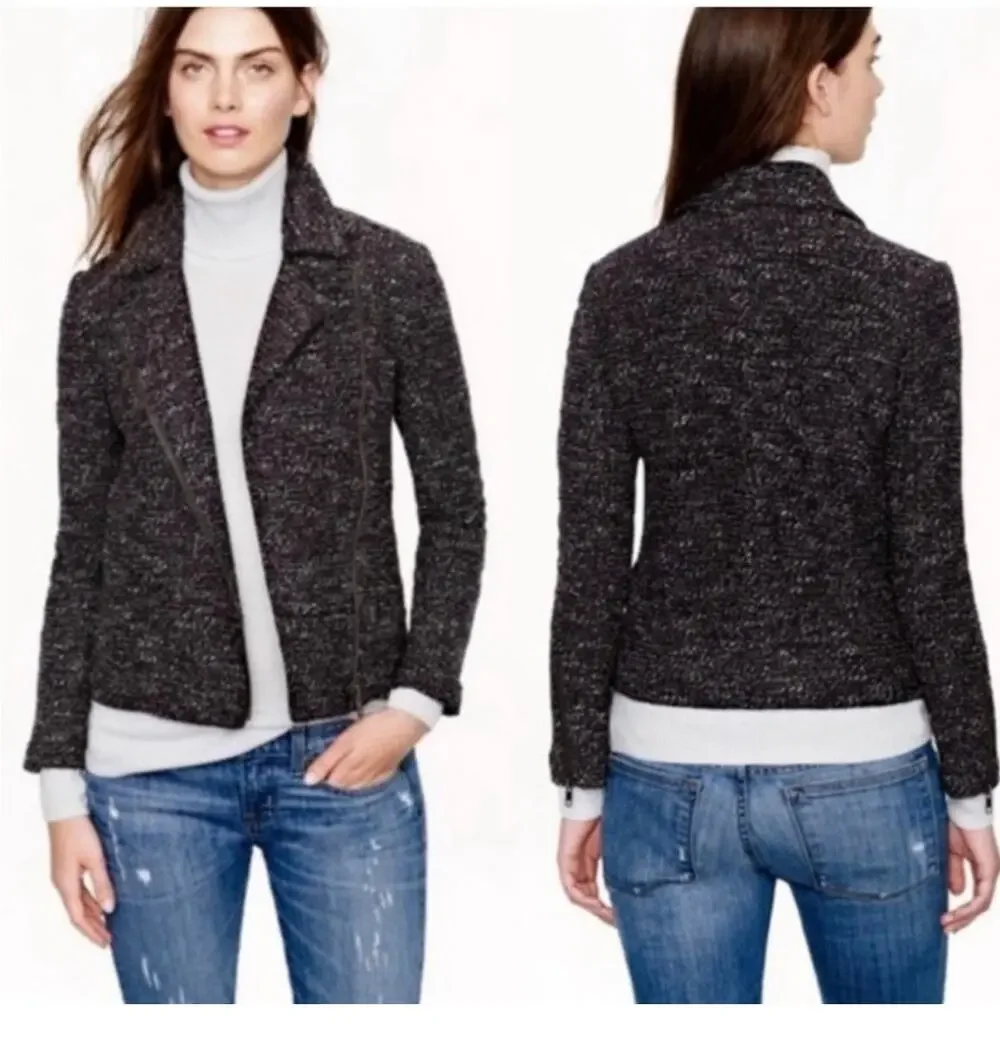 J Crew Tweed Boucle Moto Zipper Detail Jacket Black White 6